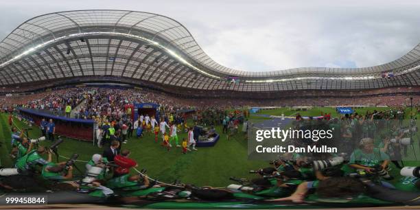 General view inside the stadium as teams walk on the pitch during the 2018 FIFA World Cup Final between France and Croatia at Luzhniki Stadium on...