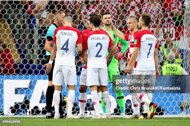 Referee Nestor Pitana signals for a France penalty during the 2018 FIFA World Cup Russia Final between France and Croatia at Luzhniki Stadium on July...