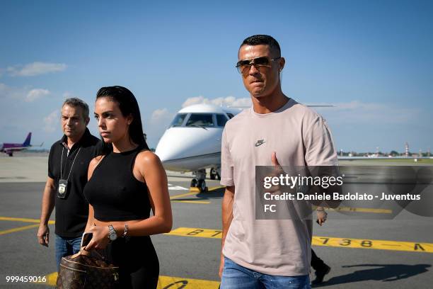 Juventus new signing Cristiano Ronaldo is seen upon his arrival at Caselle Airport along with Georgina Rodriguez on July 16, 2018 in Turin, Italy.