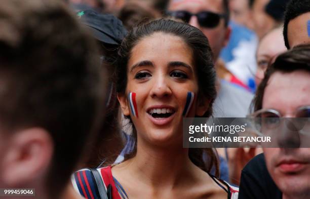 French fans gather as they watch the World Cup final match between France vs Croatia on July 15, 2018 in New York. - The World Cup final between...