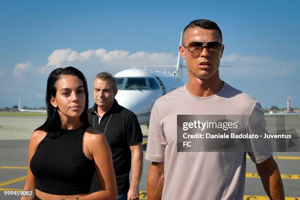 Juventus new signing Cristiano Ronaldo is seen upon his arrival at Caselle Airport along with Georgina Rodriguez on July 16, 2018 in Turin, Italy.