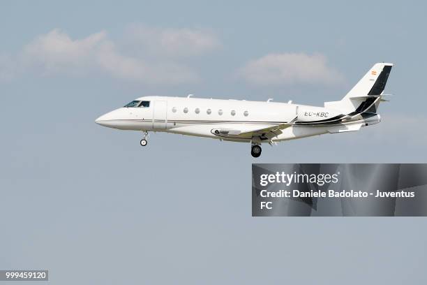 Juventus new signing Cristiano Ronaldo is seen upon his arrival at Caselle Airport on July 16, 2018 in Turin, Italy.