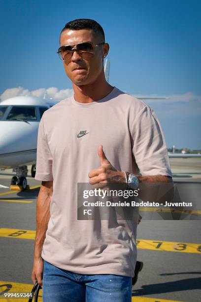 Juventus new signing Cristiano Ronaldo is seen upon his arrival at Caselle Airport on July 16, 2018 in Turin, Italy.