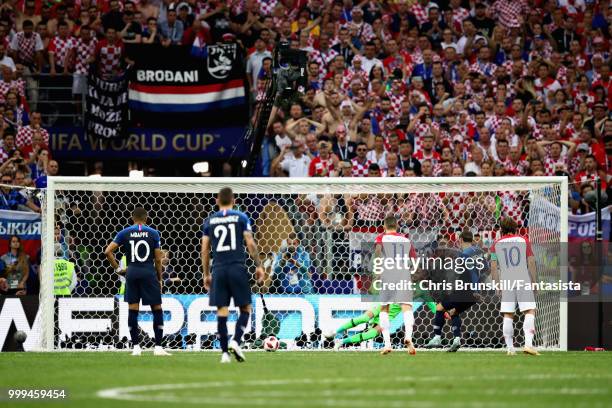 Antoine Griezmann of France scores his sides second goal from the penalty spot during the 2018 FIFA World Cup Russia Final between France and Croatia...