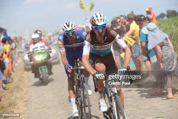 Romain Bardet of France and Team AG2R La Mondiale / Tim Declercq of Belgium and Team Quick-Step Floors / Pave / Dust / Cobbles / during the 105th...