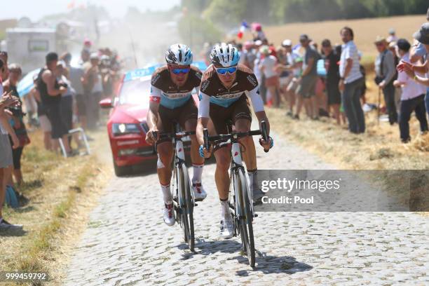 Romain Bardet of France and Team AG2R La Mondiale / Silvan Dillier of Switzerland and Team AG2R La Mondiale / Pave / Dust / Cobbles / during the...