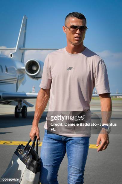 Juventus new signing Cristiano Ronaldo is seen upon his arrival at Caselle Airport on July 16, 2018 in Turin, Italy.