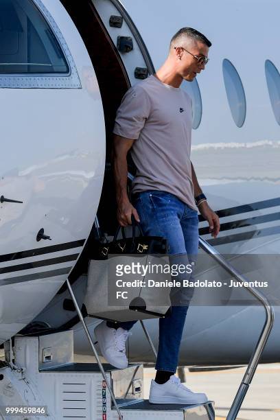 Juventus new signing Cristiano Ronaldo is seen upon his arrival at Caselle Airport on July 16, 2018 in Turin, Italy.