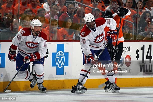 Glen Metropolit and P.K. Subban of the Montreal Canadiens against the Philadelphia Flyers in Game 1 of the Eastern Conference Finals during the 2010...