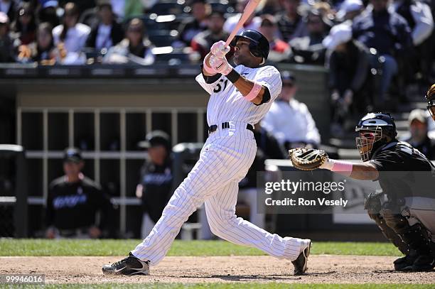 Alex Rios of the Chicago White Sox hits a double against the Toronto Blue Jays on May 9, 2010 at U.S. Cellular Field in Chicago, Illinois. The Blue...