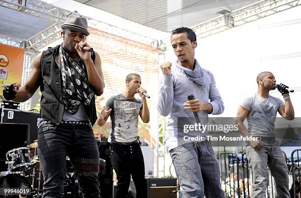 Oritse Williams, Jonathan 'JB' Gill, Aston Merrygold, and Marvin Humes of JLS perform as part of KIIS FM's Wango Tango 2010 at Staples Center on May...