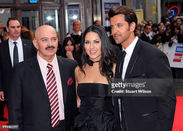 Rakesh Roshan, Barbara Mori and Hrithik Roshan attends the European Premiere of 'Kites' at Odeon West End on May 18, 2010 in London, England.