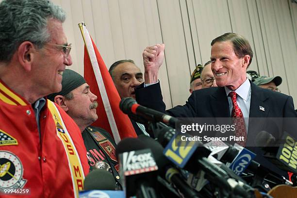 Democratic senatorial candidate, Attorney General of Connecticut Richard Blumenthal enters a press conference to explain the discrepancies in claims...