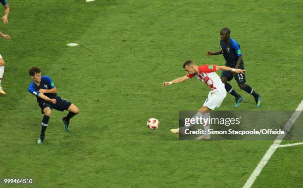 Ivan Perisic of Croatia scores the equalising goal during the 2018 FIFA World Cup Russia Final between France and Croatia at the Luzhniki Stadium on...