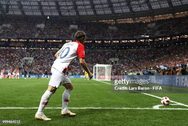 Luka Modric of Croatia take a corner kick during the 2018 FIFA World Cup Final between France and Croatia at Luzhniki Stadium on July 15, 2018 in...