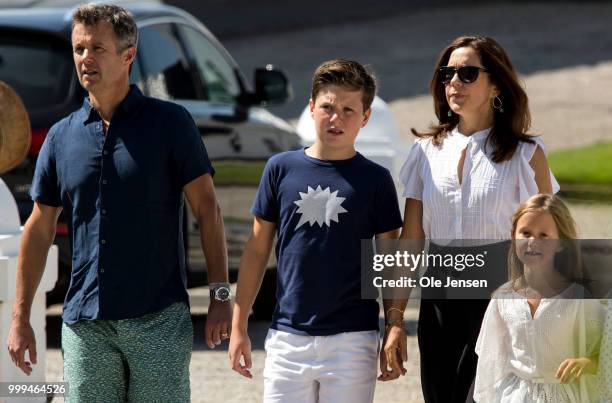 The Crown Prince family walks to the gate of Graasten Castle where they greets the Tilting-At-The-Ring Riders Event at Graasten Castle at Graasten on...