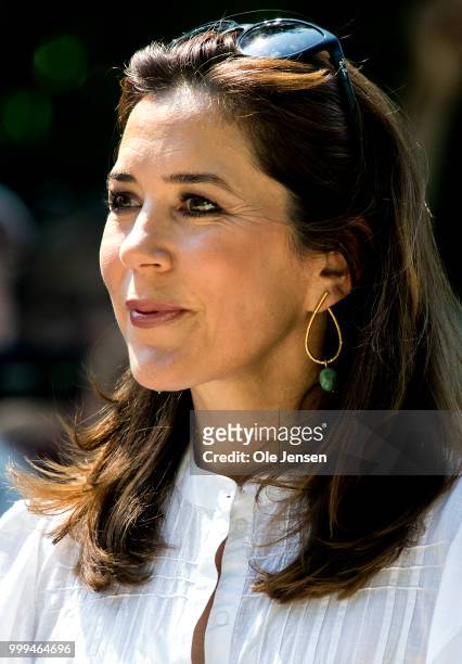 Crown Princess Mary of Denmark seen at the Tilting-At-The-Ring Riders Event at Graasten Castle at Graasten on July 15, 2018 in Graasten, Denmark. It...