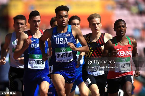 Rey Rivera of The USA leads the field during heat 2 of the men's 800m semi finals on day five of The IAAF World U20 Championships on July 10, 2018 in...
