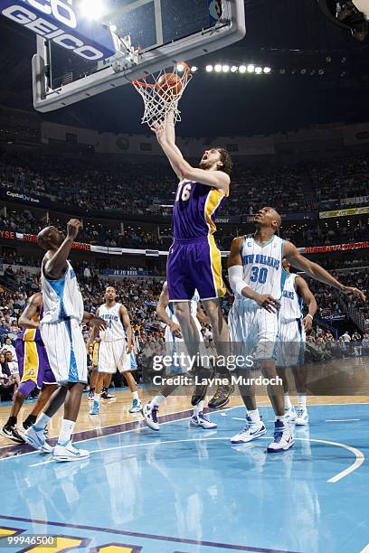 Pau Gasol of the Los Angeles Lakers puts a shot up against the New Orleans Hornets on March 29, 2010 at the New Orleans Arena in New Orleans,...