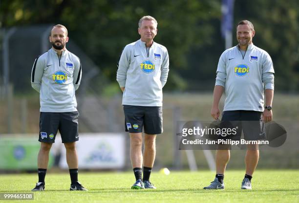 Assistant coach Admir Hamzagic, assistant coach Rainer Widmayer and coach Pal Dardai of Hertha BSC during the training camp at Volkspark-Stadion on...