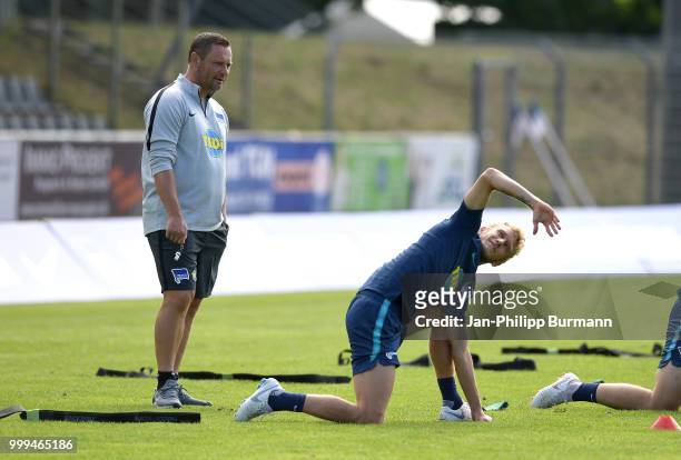Coach Pal Dardai and Fabian Lustenberger of Hertha BSC during the training camp at Volkspark-Stadion on July 15, 2018 in Neuruppin, Germany.