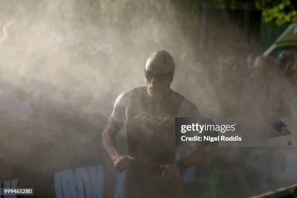 Athletes exit the water during Ironman UK on July 15, 2018 in Bolton, England.