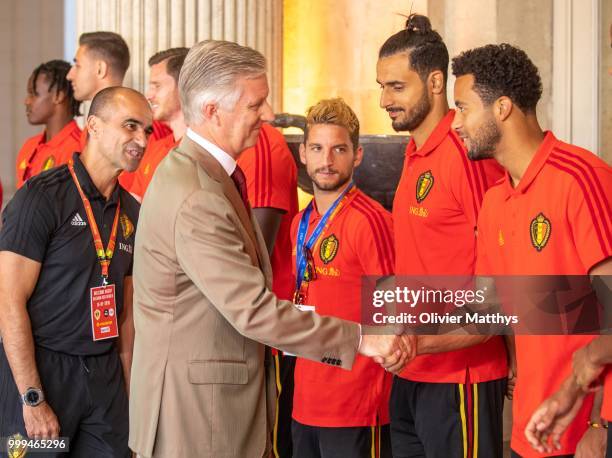 King Philip of Belgium welcomes the Red Devils, the Belgium international football team after returning from Russia at the Royal Castle on July 15,...