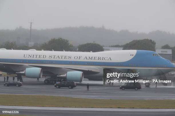 The US presidential convoy arrives at Air Force One at Prestwick airport in Ayrshire, as US President Donald Trump and his wife Melania prepare to...