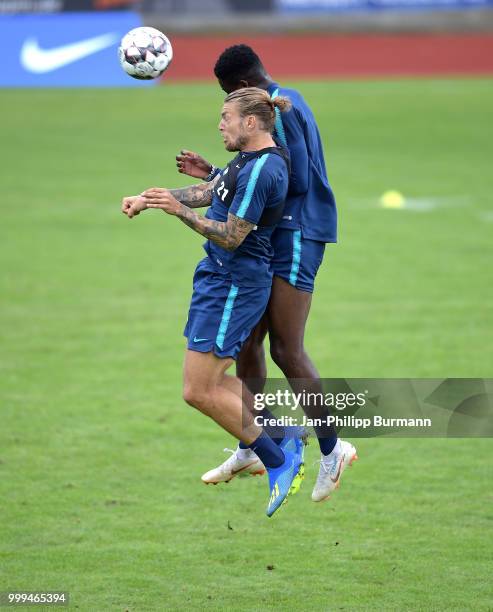 Alexander Esswein and Jordan Torunarigha of Hertha BSC during the training camp at Volkspark-Stadion on July 15, 2018 in Neuruppin, Germany.