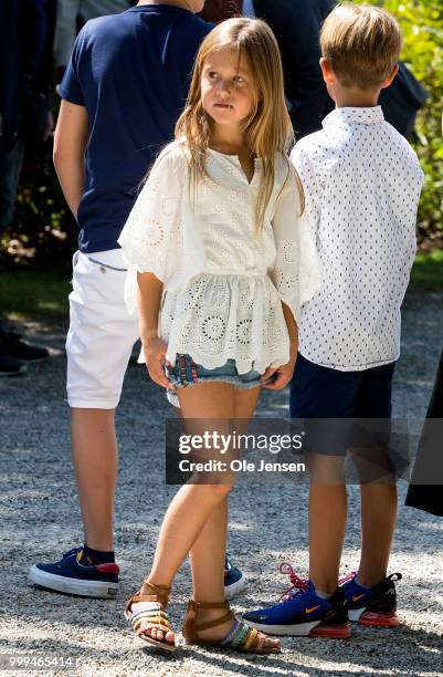 Prince Vincent and Princess Josephine seen at e Tilting-At-The-Ring Riders Event at Graasten Castle at Graasten on July 15, 2018 in Graasten,...