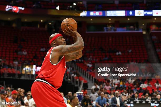 Al Harrington of Trilogy shoots a jump shot during BIG3 - Week Four on July 13, 2018 at Little Caesars Arena in Detroit, Michigan.