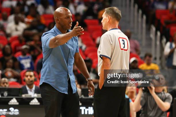 Killer 3s captain Chauncey Billups argues a call with an official during BIG3 - Week Four on July 13, 2018 at Little Caesars Arena in Detroit,...