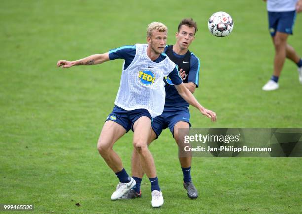 Fabian Lustenberger and Maximilian Pronichev of Hertha BSC during the training camp at Volkspark-Stadion on July 15, 2018 in Neuruppin, Germany.