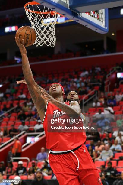 Al Harrington of Trilogy goes in for a layup during BIG3 - Week Four on July 13, 2018 at Little Caesars Arena in Detroit, Michigan.