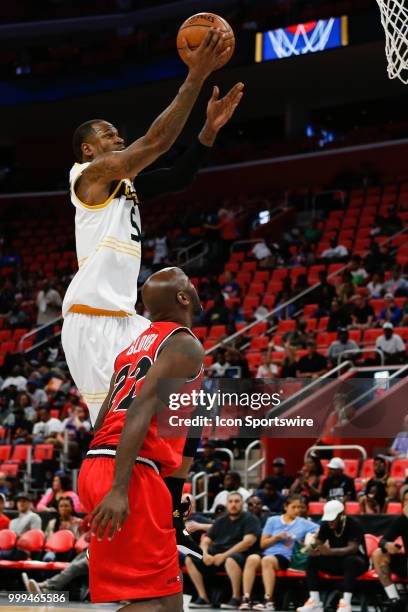 Stephen Jackson of the Killer 3s goes in for a layup against Dion Glover of Trilogy during BIG3 - Week Four on July 13, 2018 at Little Caesars Arena...