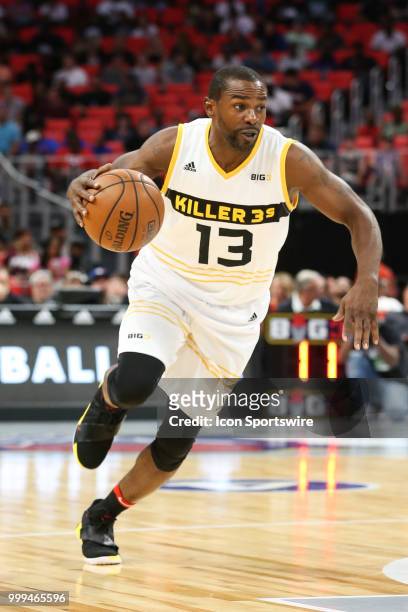 Mike James of the Killer 3s drives to the basket during BIG3 - Week Four on July 13, 2018 at Little Caesars Arena in Detroit, Michigan.