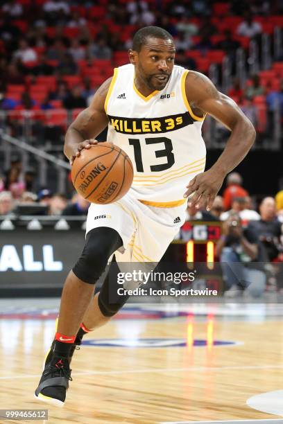 Mike James of the Killer 3s drives to the basket during BIG3 - Week Four on July 13, 2018 at Little Caesars Arena in Detroit, Michigan.