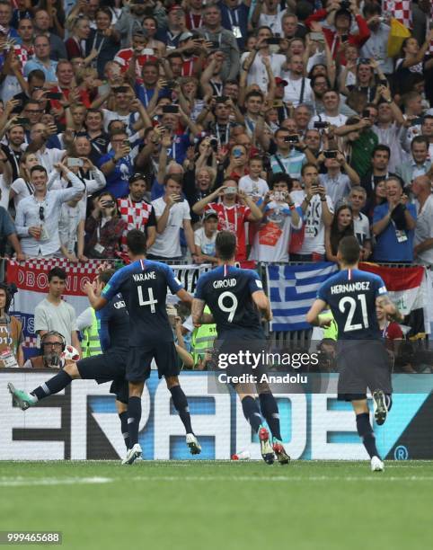 Players of France celebrate after a goal during the 2018 FIFA World Cup Russia final match between France and Croatia at the Luzhniki Stadium in...