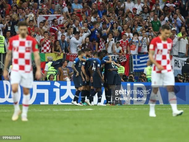 Players of France celebrate after a goal during the 2018 FIFA World Cup Russia final match between France and Croatia at the Luzhniki Stadium in...