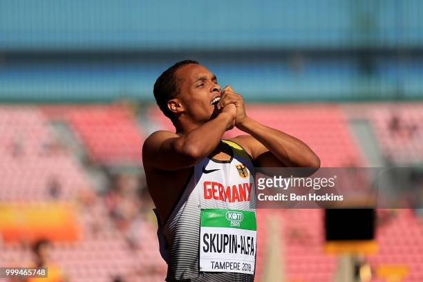 Milo Skupin-Alfa of Germany reacts following the final of the men's 4x100m hurdles on day five of The IAAF World U20 Championships on July 10, 2018...