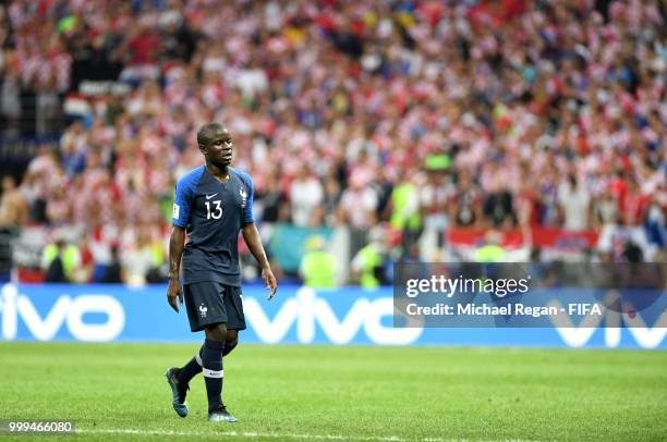 Ngolo Kante of France walks off the pitch after being replaced during the 2018 FIFA World Cup Final between France and Croatia at Luzhniki Stadium on...