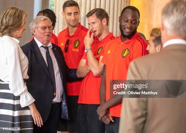 Queen Mathilde of Belgium welcomes the Red Devils, the Belgium international football team after returning from Russia at the Royal Castle on July...