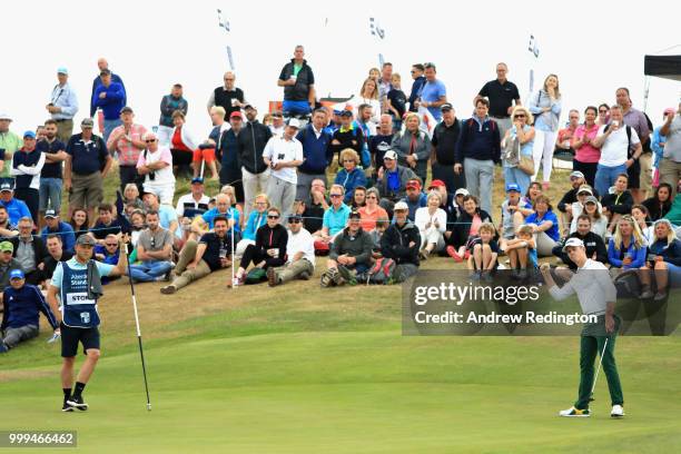 Brandon Stone of South Africa reacts to his putt on hole twelve during day four of the Aberdeen Standard Investments Scottish Open at Gullane Golf...