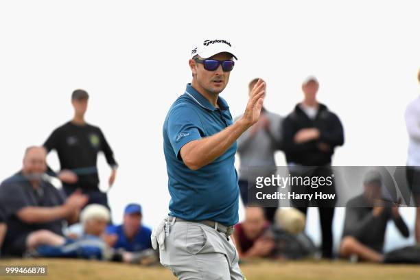 Justin Rose of England reacts to his par putt on hole thirteen during day four of the Aberdeen Standard Investments Scottish Open at Gullane Golf...