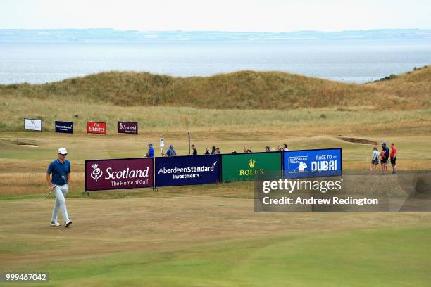 Justin Rose of England walks on hole twelve during day four of the Aberdeen Standard Investments Scottish Open at Gullane Golf Course on July 15,...