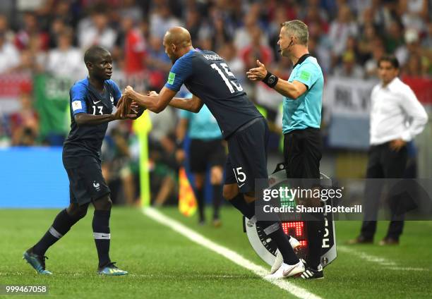 Ngolo Kante of France is replaced by Steven Nzonzi during the 2018 FIFA World Cup Final between France and Croatia at Luzhniki Stadium on July 15,...