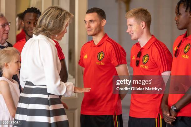 Queen Mathilde of Belgium welcomes the Red Devils, the Belgium international football team after returning from Russia at the Royal Castle on July...