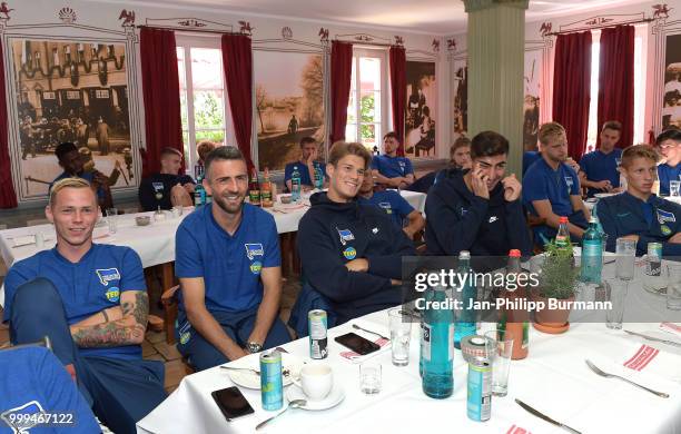 Ondrej Duda, Vedad Ibisevic, Dennis Smarsch, Muhammed Kiprit and Palko Dardai of Hertha BSC during the training camp at Volkspark-Stadion on July 15,...