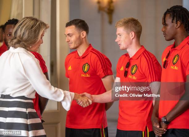 Queen Mathilde of Belgium welcomes the Red Devils, the Belgium international football team after returning from Russia at the Royal Castle on July...