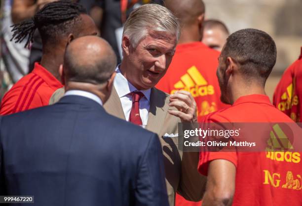 King Philip of Belgium welcomes the Red Devils, the Belgium international football team after returning from Russia at the Royal Castle on July 15,...